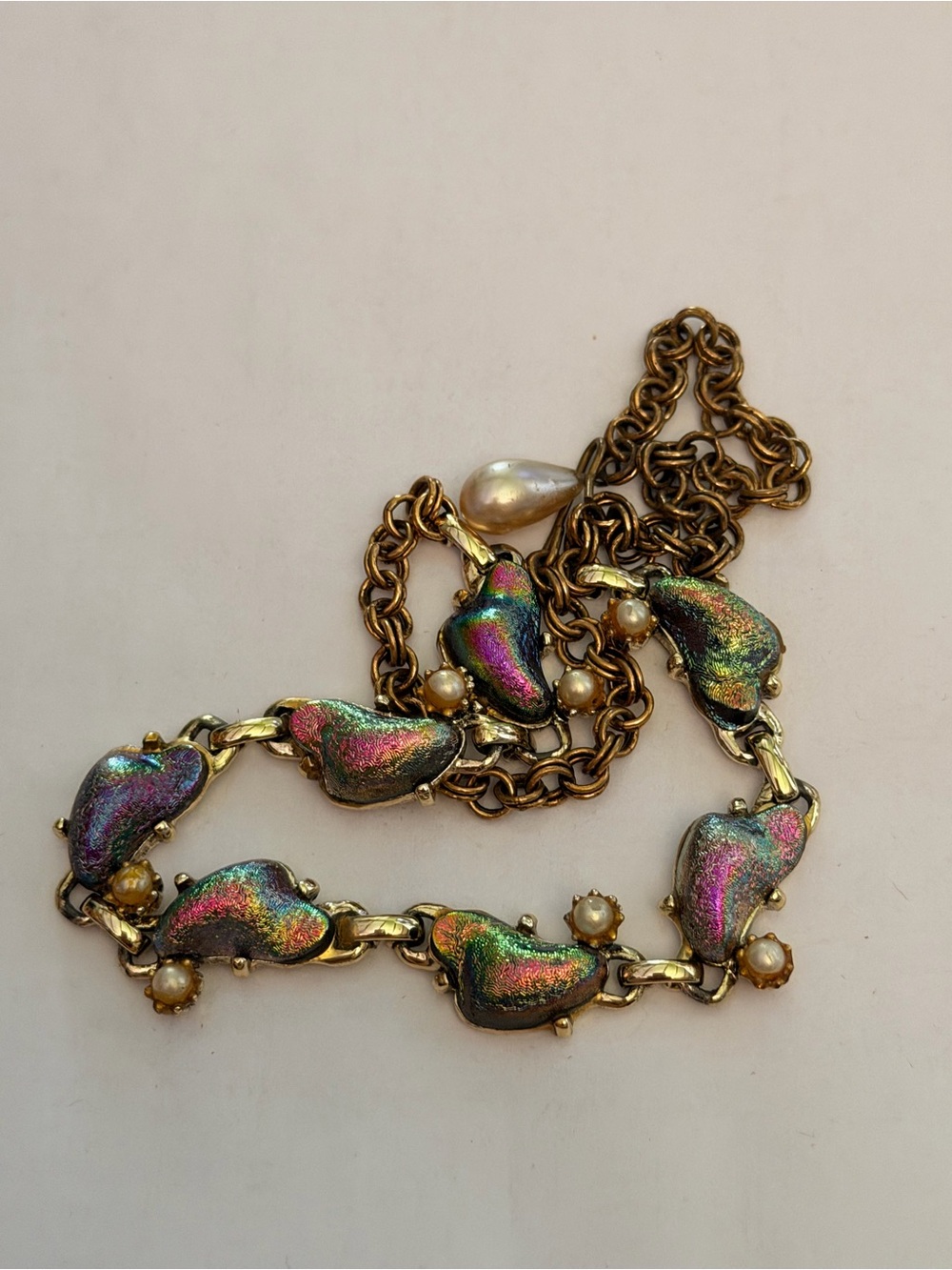 Vintage Iridescent Heart Necklace Faux Pearl Aurora Borealis Romantic Jewelry